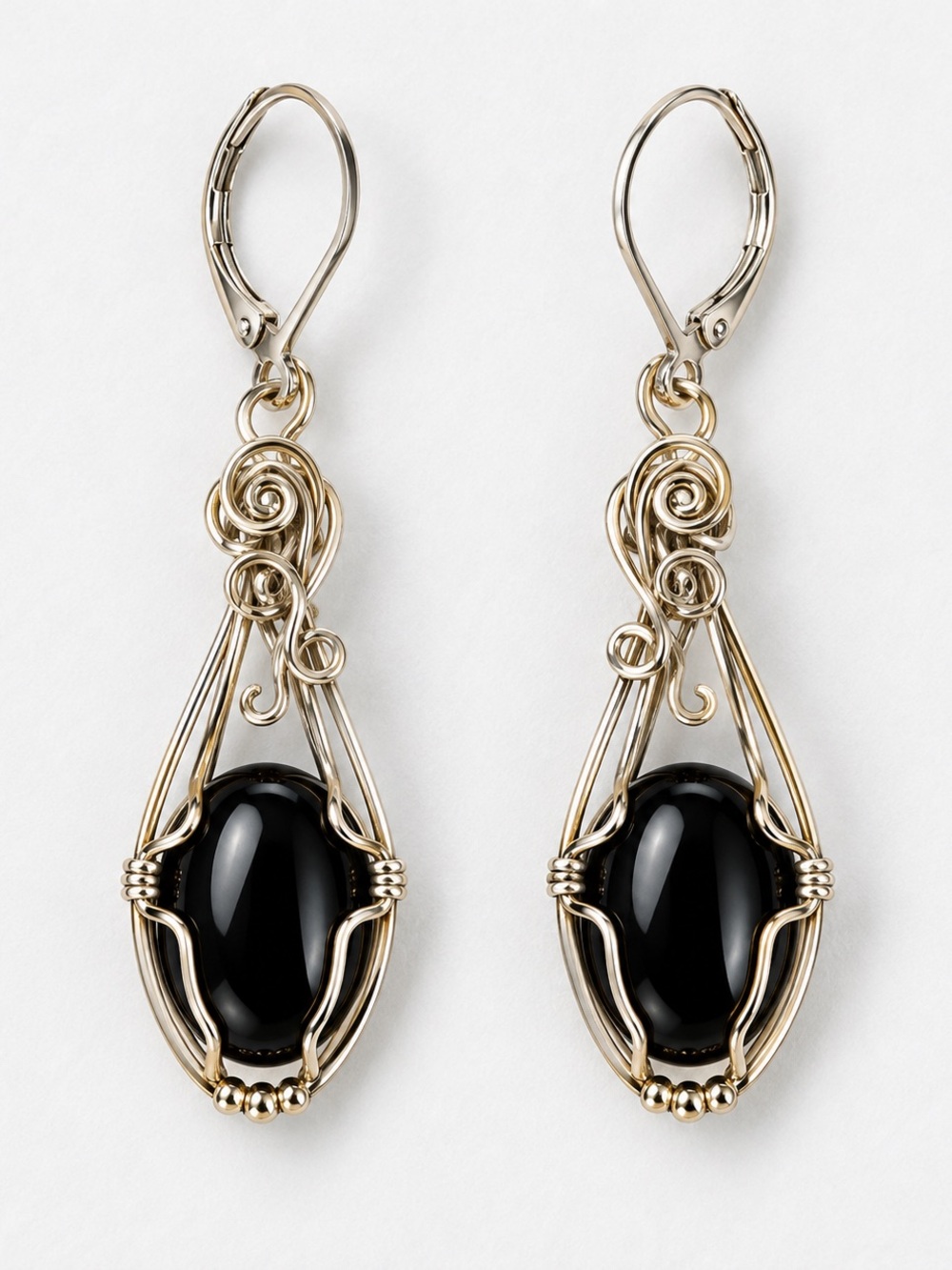 Vintage 925 Sterling Silver Black Stone Wire Wrapped Dangle Earrings